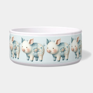 Blue Patchwork Pig Cottagecore Illustration