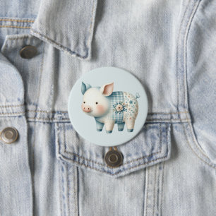 Blue Patchwork Pig Cottagecore Illustration 7.5 Cm Round Badge
