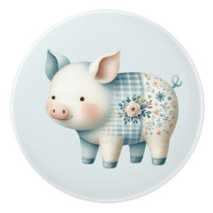 Blue Patchwork Pig Cottagecore Illustration Ceramic Knob