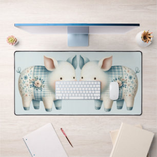 Blue Patchwork Pig Cottagecore Illustration Desk Mat
