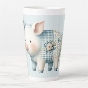 Blue Patchwork Pig Cottagecore Illustration Latte Mug