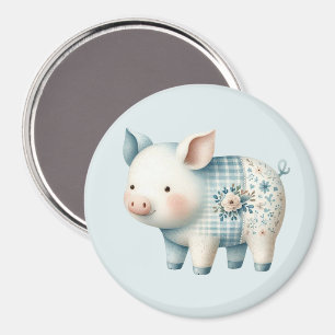 Blue Patchwork Pig Cottagecore Illustration Magnet