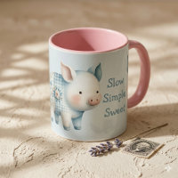 Blue Patchwork Pig Cottagecore Illustration