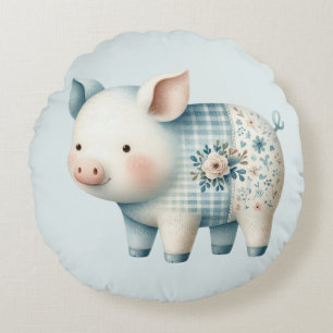 Blue Patchwork Pig Cottagecore Illustration Round Cushion