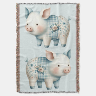 Blue Patchwork Pig Cottagecore Illustration Throw Blanket