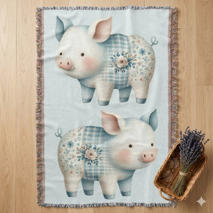Blue Patchwork Pig Cottagecore Illustration Throw Blanket