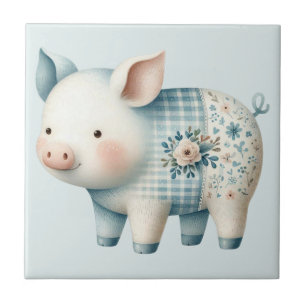 Blue Patchwork Pig Cottagecore Illustration Tile