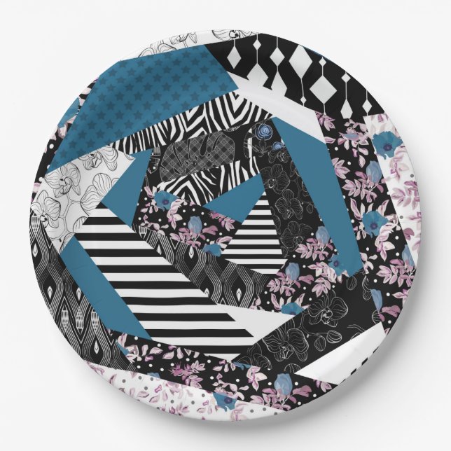 Blue patchwork, popular, patchwork, folk, rustic,  paper plate (Front)