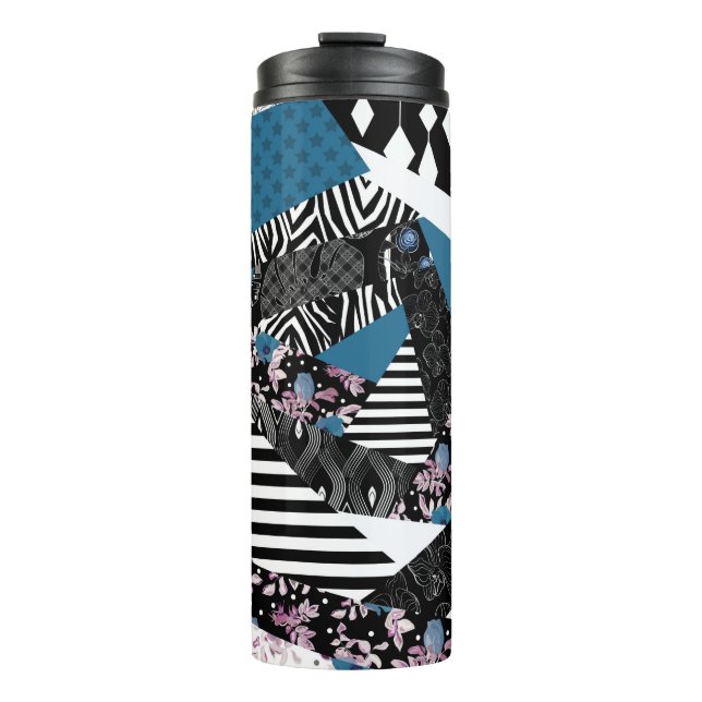 Blue patchwork, popular, patchwork, folk, rustic,  thermal tumbler (Front)