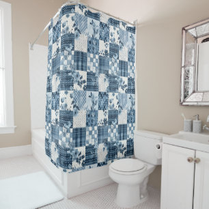 Blue Patchwork Quilt Rustic Floral Retro  Shower Curtain