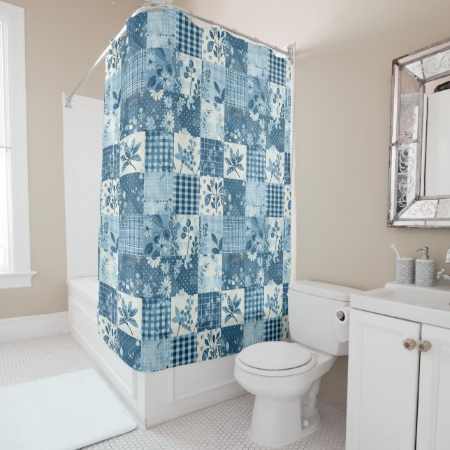Blue Patchwork Quilt Rustic Floral Retro  Shower Curtain (In Situ)