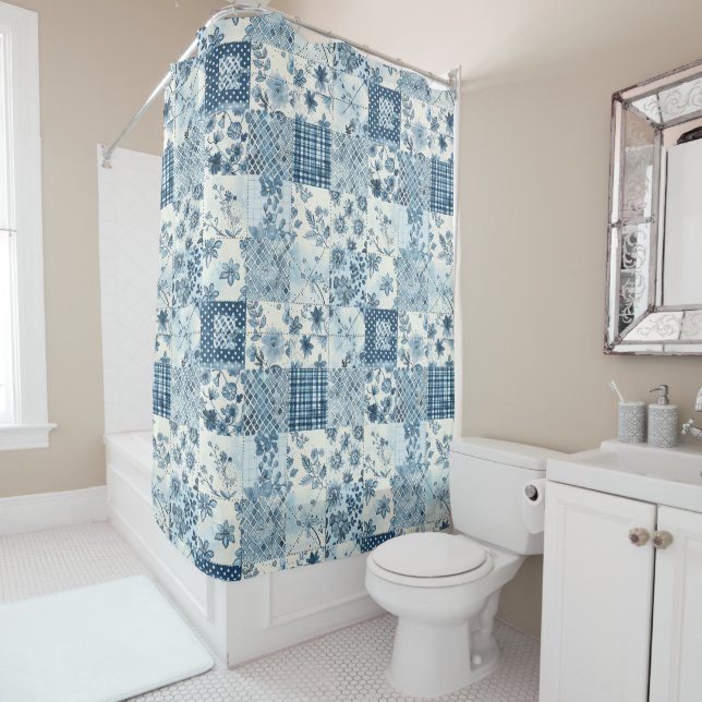 Blue Patchwork Quilt Rustic Floral Retro  Shower Curtain (In Situ)