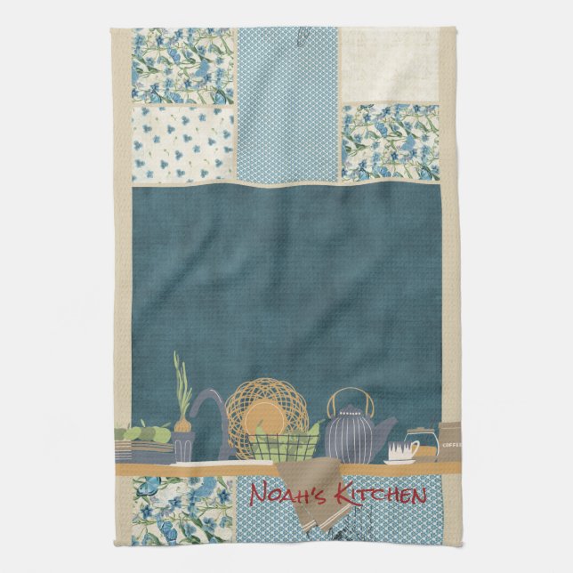 Blue Patchwork Shelf #1 Tea Kitchen Towel (Vertical)