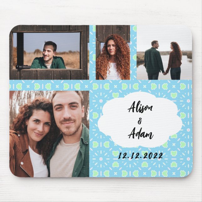 Blue Pattern Couple Photo Collage with Names Mouse Mat (Front)