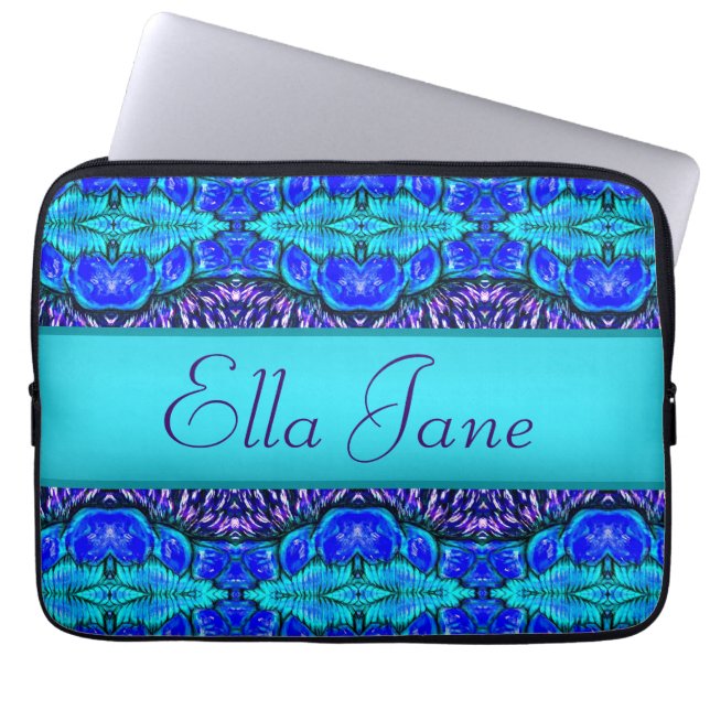 blue pattern laptop computer sleeve with name (Front)