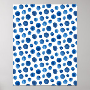 Blue pattern print. Watercolor navy polka dots Poster
