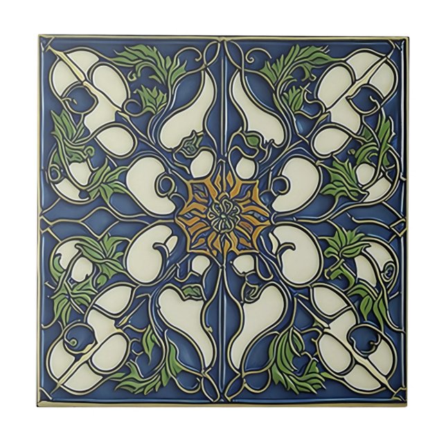 blue pattern vintage art nouveau ceramic tiles (Front)