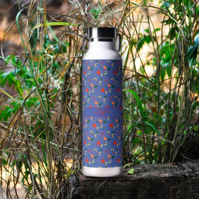 Blue pattern wildflowers red poppy  insulated water bottle (Creator Uploaded)