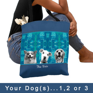Blue Pattern with Black and White Photo Dog Mom   Tote Bag