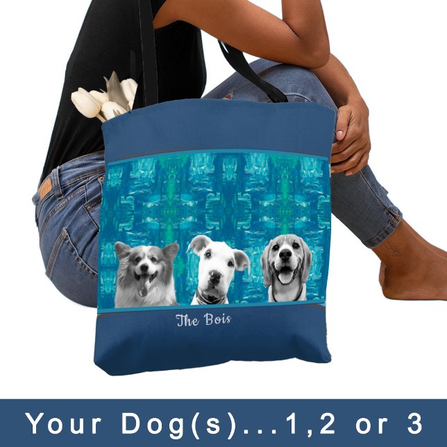 Blue Pattern with Black and White Photo Dog Mum   Tote Bag (Creator Uploaded)