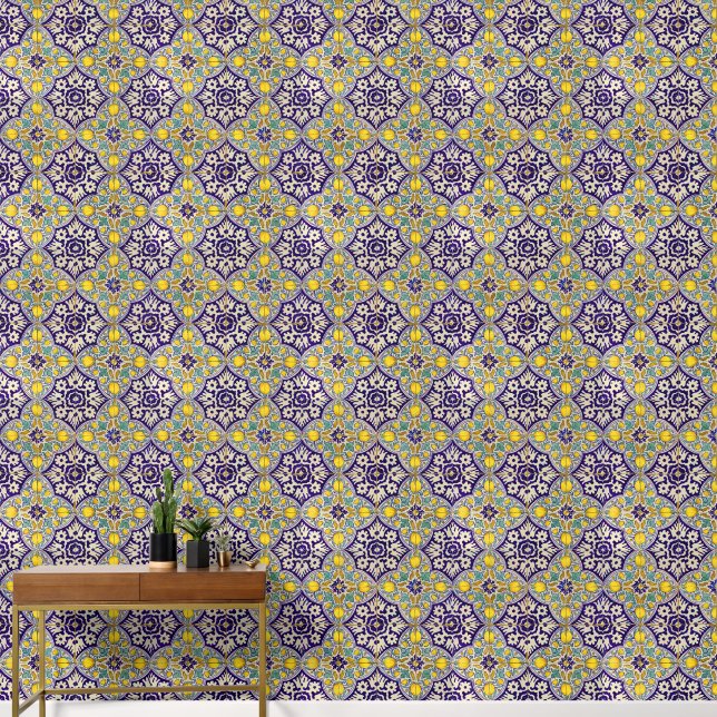 Blue Pattern Yellow Blossoms  Wallpaper (Hallway)