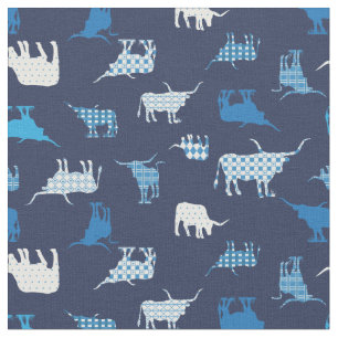 Blue Patterned Longhorns Pattern Fabric