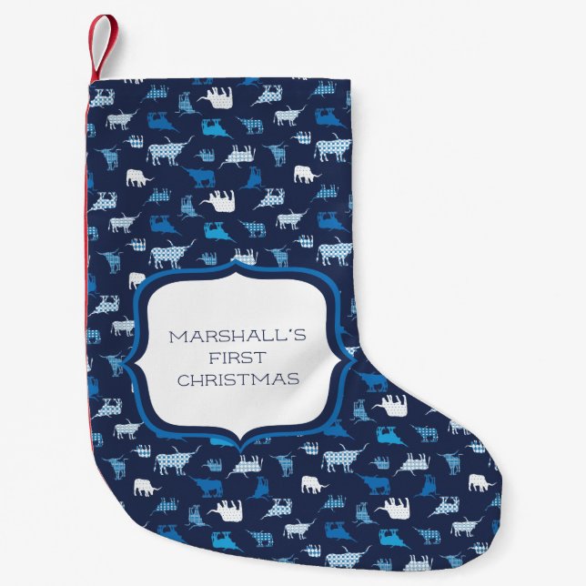 Blue Patterned Longhorns Pattern Small Christmas Stocking (Front)