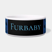 Blue patterned pet bowl.