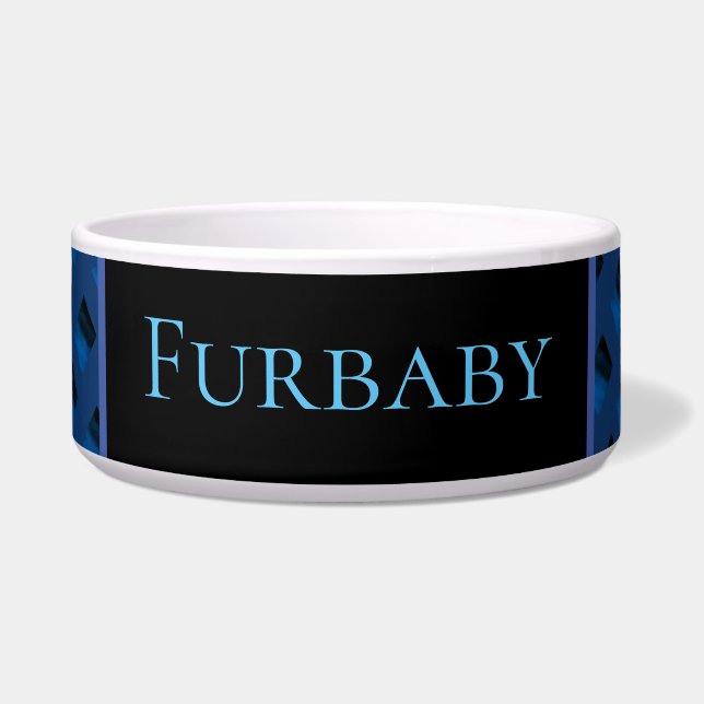 Blue patterned pet bowl. (Front)