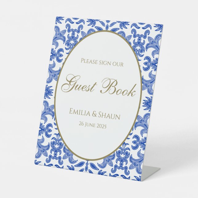 Blue Patterned Wedding Guestbook Sign (Front)