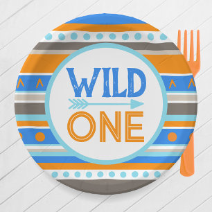 Blue Patterned Wild One 1st Birthday Paper Plates
