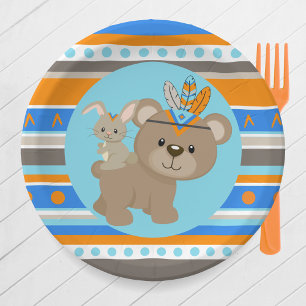 Blue Patterned Woodland Bear & Bunny Party Paper Plate