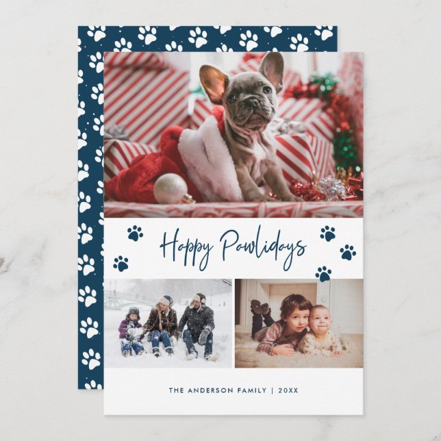 Blue Paw Print 3 Photo Collage Happy Pawlidays Pet Holiday Card (Front/Back)