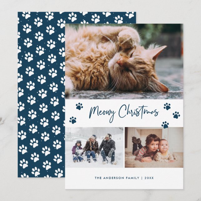 Blue Paw Print 3 Photo Collage Meowy Christmas Pet Holiday Card (Front/Back)