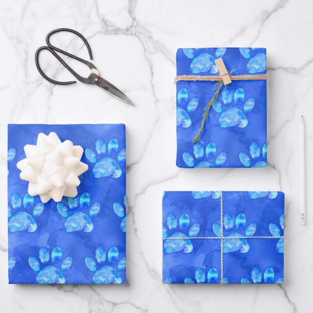 Blue Paw Print Custom Watercolor Wrapping Paper Sheet (Front)