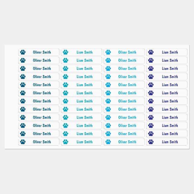 Blue Paw Print Personalized Kids Name Labels (Sheet)