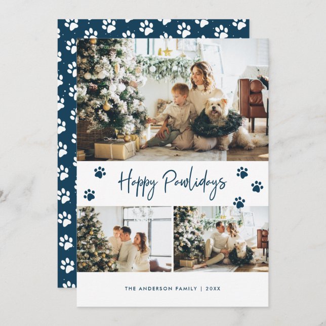 Blue Paw Print Photo Collage Happy Pawlidays Pet Holiday Card (Front/Back)