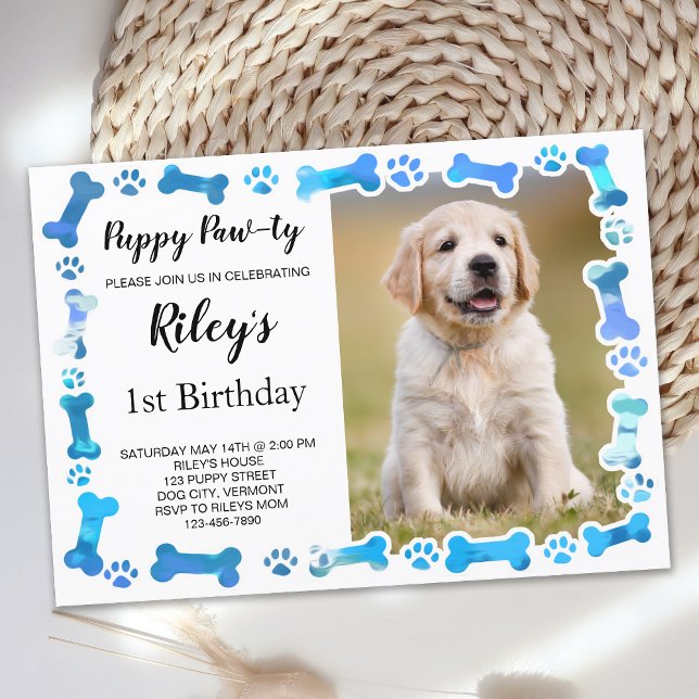 Blue Paw Prints Bones Puppy Dog Birthday Invitation (Creator Uploaded)