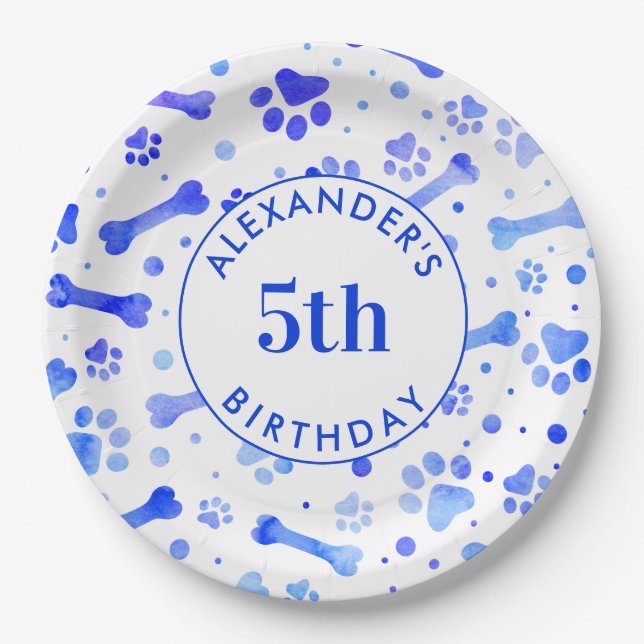 Blue Paw Prints Personalised Watercolor Birthday Paper Plate (Front)