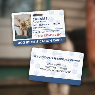 Blue Paw Prints Photo & Name Dog Identification ID Badge