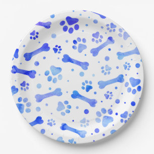 Blue Paw Prints Watercolor Birthday Party Paper Plate