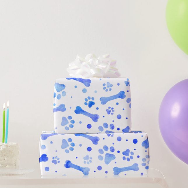 Blue Paw Prints Watercolor Birthday Party Wrapping Paper (Party Gifts)
