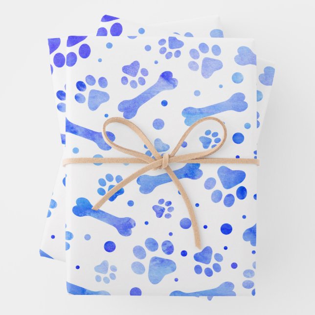 Blue Paw Prints Watercolor Birthday Party Wrapping Paper Sheet (In situ)