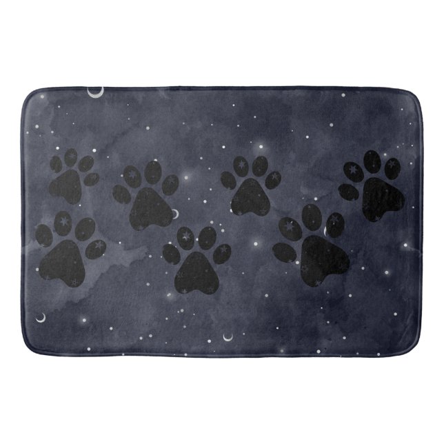Blue Paw Stars Moon Watercolor Bath Mat (Front)