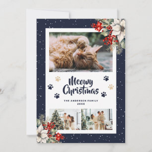 Blue Paws Snow Poinsettia Photo Christmas Card