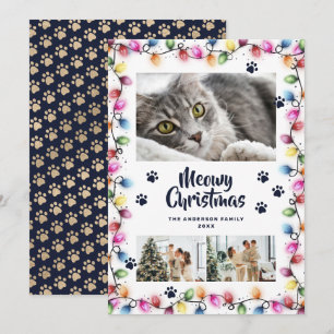 Blue Paws String Lights Photo Cat Christmas Card