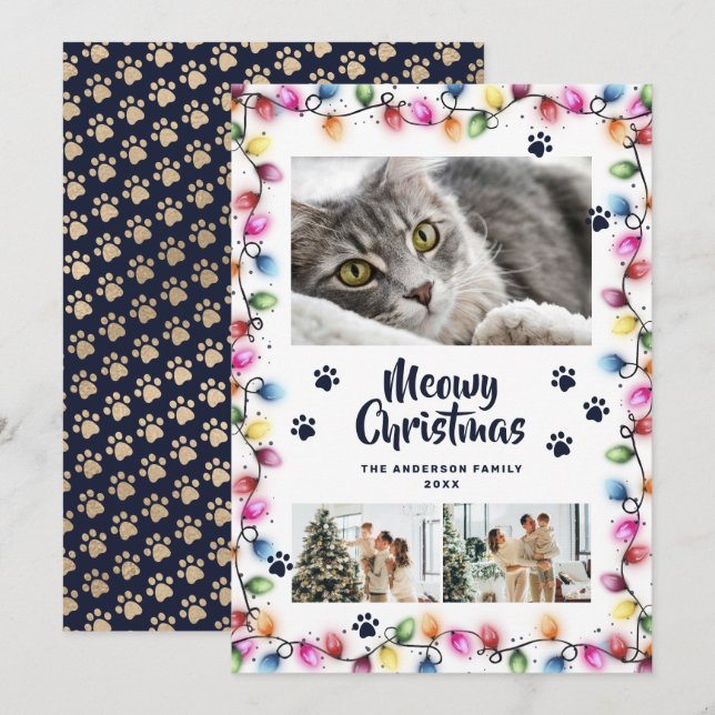 Blue Paws String Lights Photo Cat Christmas Card (Front/Back)