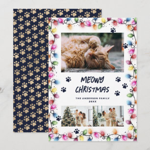 Blue Paws String Lights Photo Cat Christmas Card