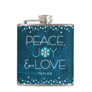 Blue Peace Joy Love Holiday Snowflake Bold Modern  Hip Flask