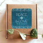 Blue Peace Joy Love Snowflake Typography Holiday Square Sticker<br><div class="desc">“Peace, joy & love.” A fun, playful, snowflake illustration and modern typography on a rich, deep teal blue marble watercolor background help you usher in the holiday season. Additional white and turquoise confetti dots frame the sticker. Feel the warmth and joy of the holidays whenever you use this stunning, graphic,...</div>
